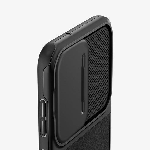 ACS05639 - Galaxy S23 Ultra Case Optik Armor in black showing the back with lens protector slot open